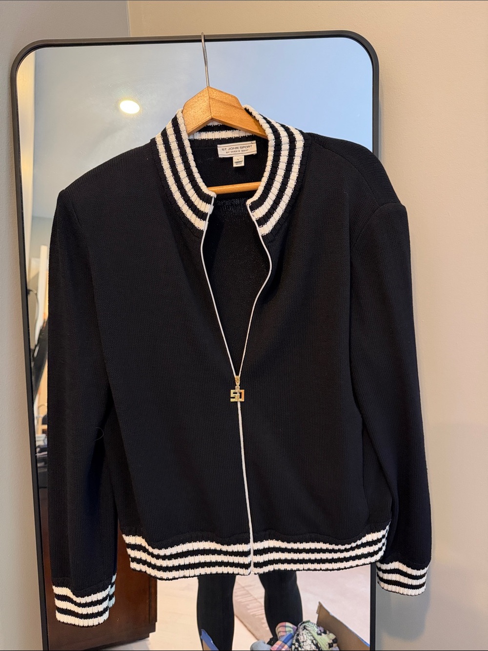 St. John Sport by Marie Gray Black Knit Varsity Jacket with White Stripes